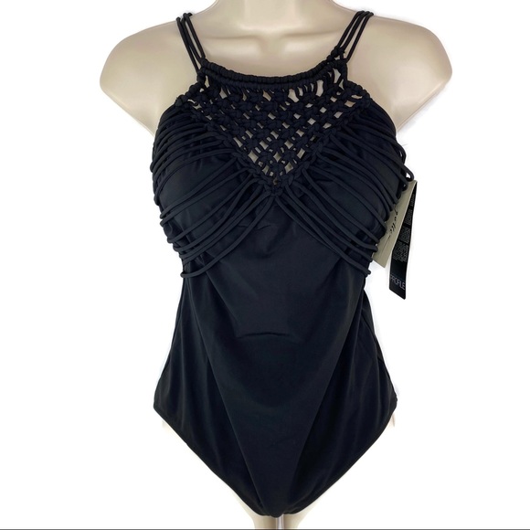 Profile by Gottex Fishnet High Neck One Piece Black Swimsuit size 12 - Picture 6 of 13